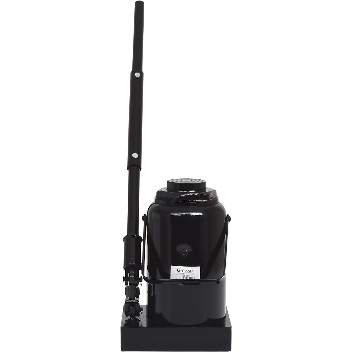 Schwarzer Hydraulikwagenheber mit Griff und Sockel.